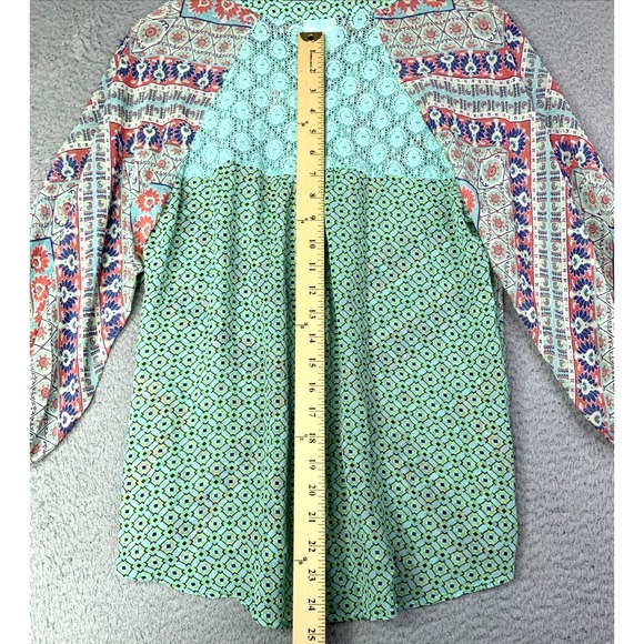 Anthropologie Fig and Flower Blouse Womens Size Medium Teal Multicolor Sheer - Picture 7 of 12